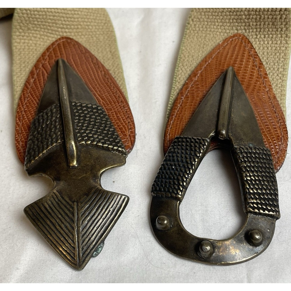 Vtg Omega Arrowhead Stretch Belt Womens Sz L Textured Brass Beige Textile - Picture 4 of 7